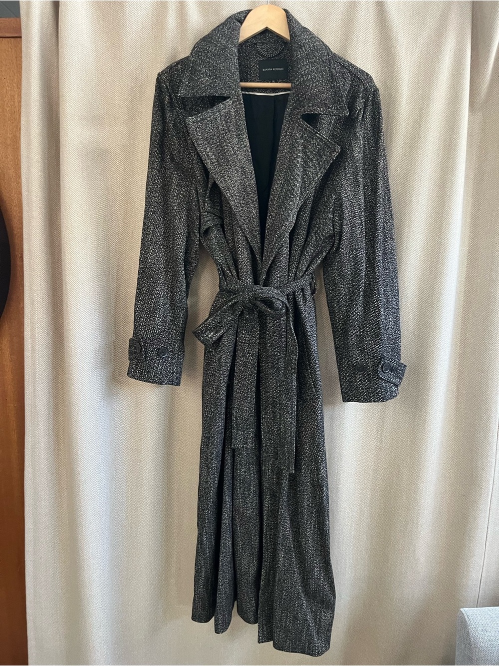 Banana Republic Herringbone Charcoal Tie-Waist Long Trench Coat XL